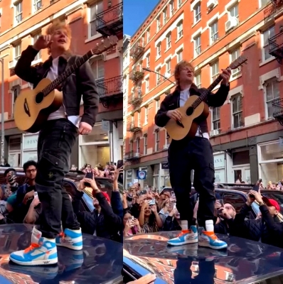 Ed Sheeran surprises fans with performance on top of car in New York